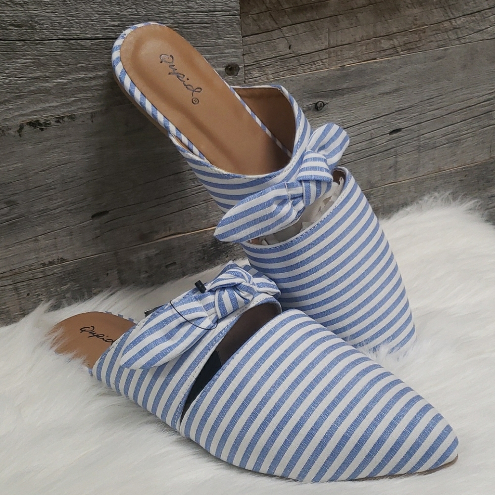 NWOT Qupid blue & white stripe bow mules
